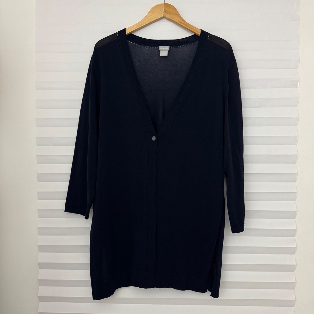 Chicos Navy Blue Longline V-Neck Cardigan Sweater Single Button Size 3 XL